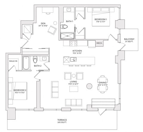 Floor plan for 2 beds, 2 baths, 1067 sqft